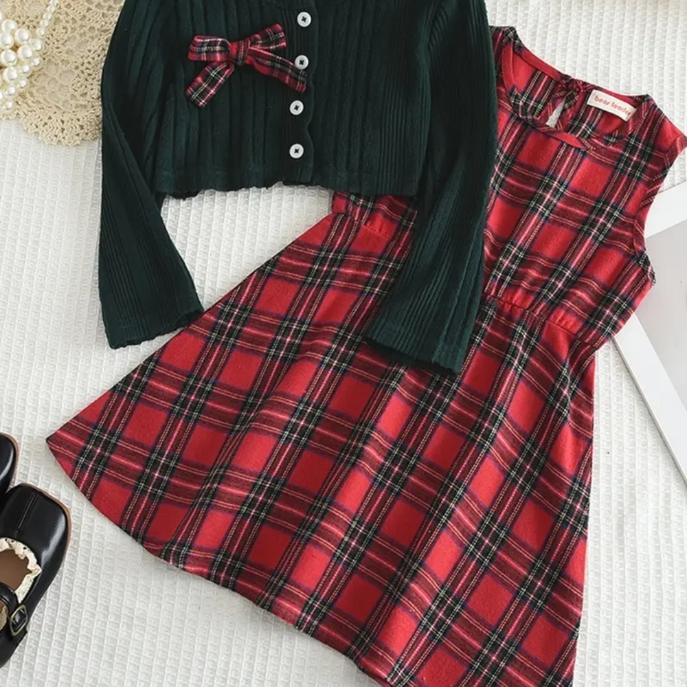 Festive Plaid Red Dress with Black Cardigan
